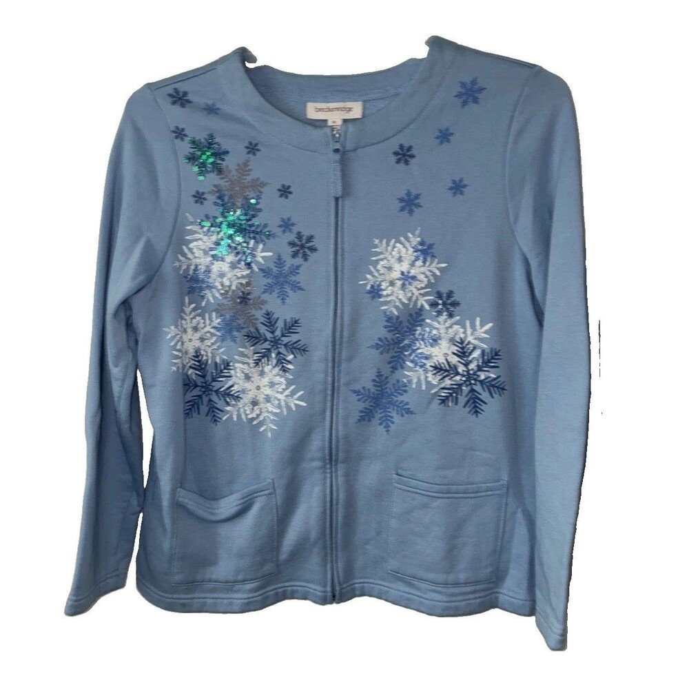 Breckenridge XL Blue Sequin Fleece Cardigan Full Zip Winter Holiday Snowflakes